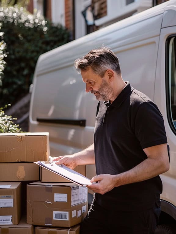 a man wearing black polo shirt holding a clipboard checking the stack boxes